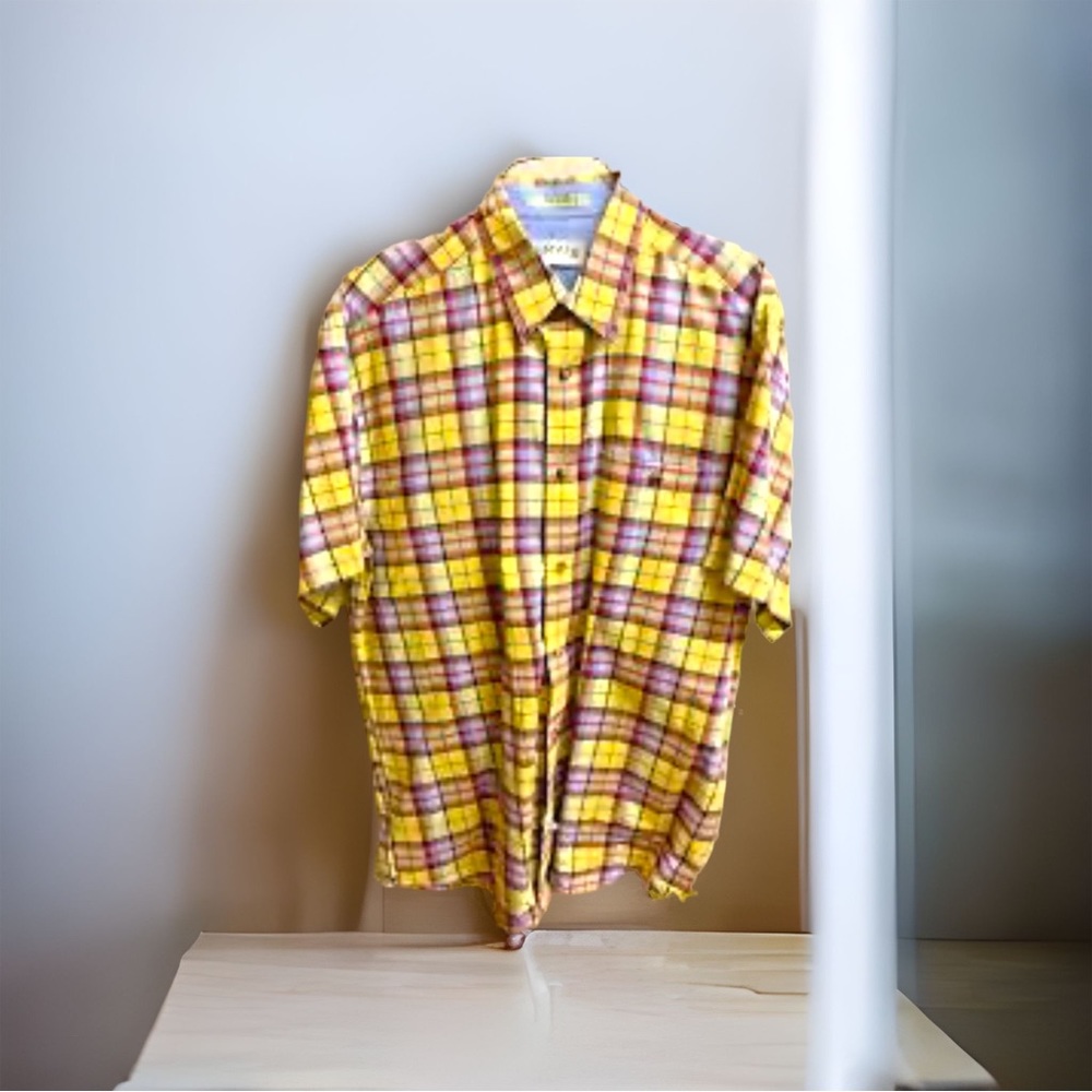 Orvis Button Down Shirt Mens Medium 
Yellow Blue Red Plaid Short Sleeve